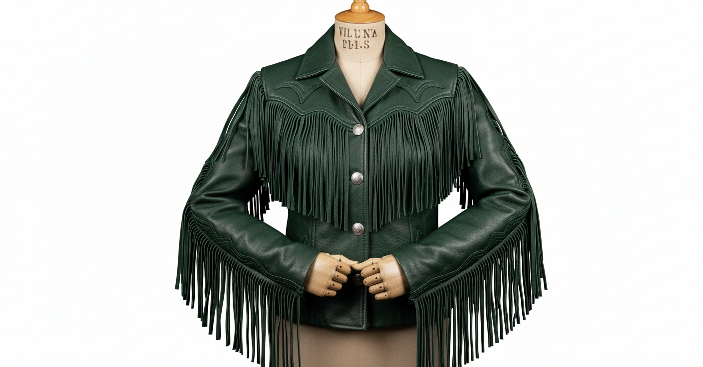 Women’s Green Fringe Moto Leather Jacket – Genuine Leather Biker Style