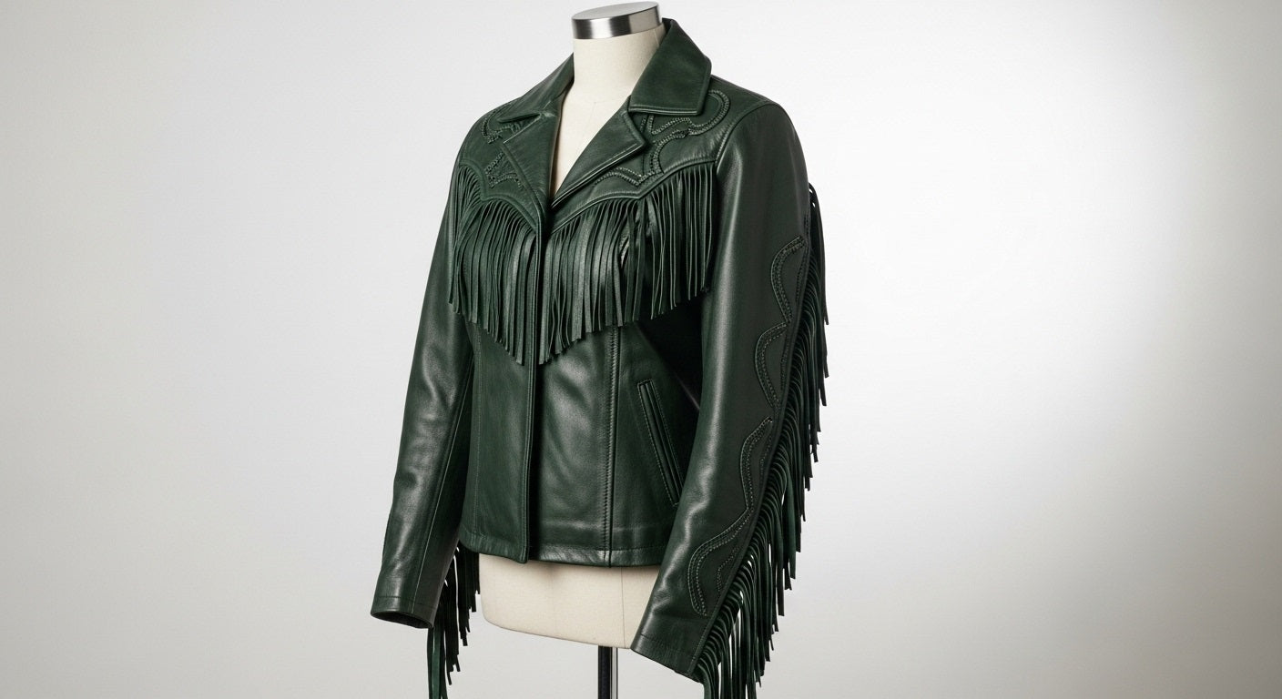 Women’s Green Fringe Moto Leather Jacket – Genuine Leather Biker Style
