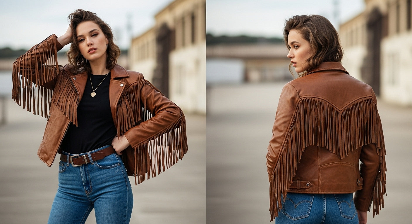 Women’s Brown Fringe Leather Biker Jacket – Genuine Leather Moto Style