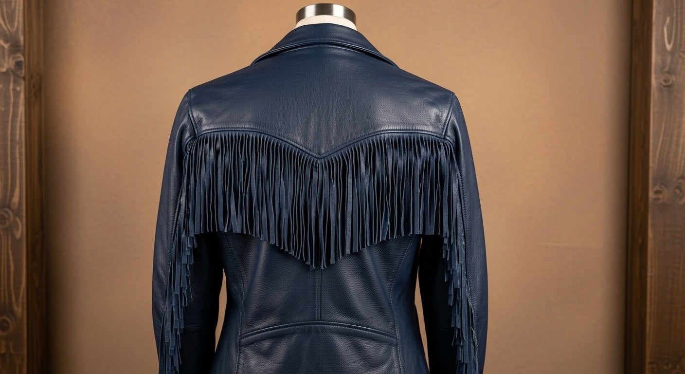 Women’s Navy Fringe Moto Leather Jacket – Genuine Leather Biker Style