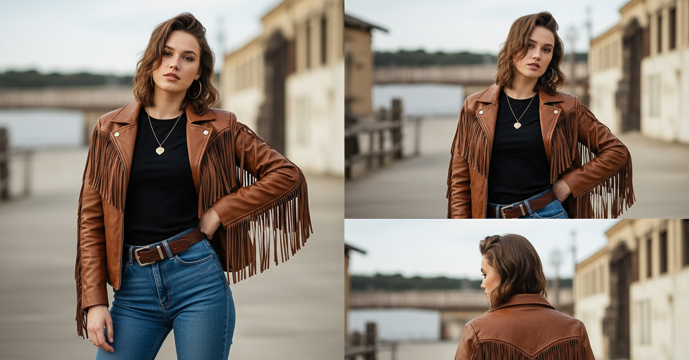 Women’s Brown Fringe Leather Biker Jacket – Genuine Leather Moto Style
