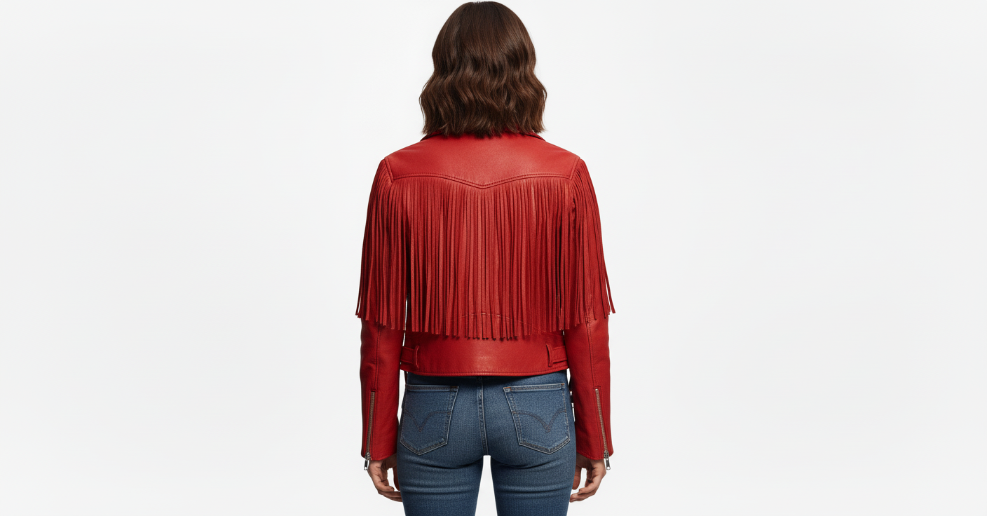 Women’s Red Fringe Leather Biker Jacket – Genuine Leather Moto Style